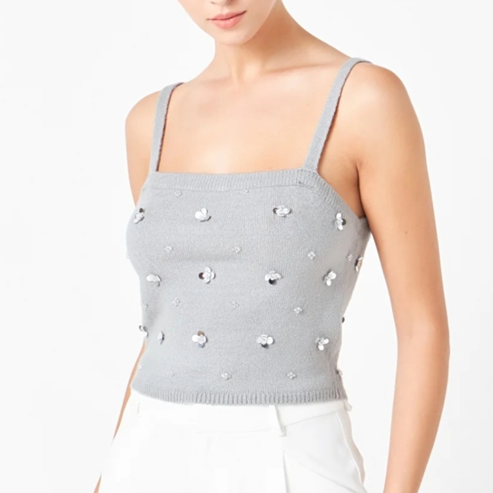 Endless Rose Casual  Sequin Floral  Embellished Knit Crop Top Heather Grey L